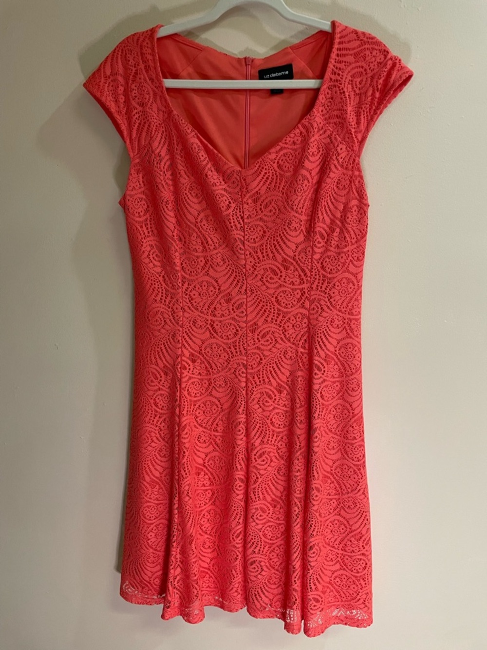 liz Claiborne Coral Lace V-Neck Skater Dress Women’s Size 14